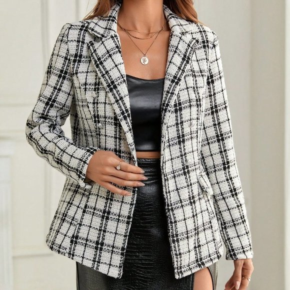Plaid Pattern Lapel Neck Tweed Blazer - Picture 1 of 5